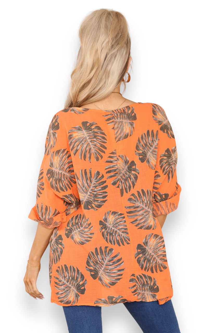 TOP MET PALMBLAADPRINT ORANJE