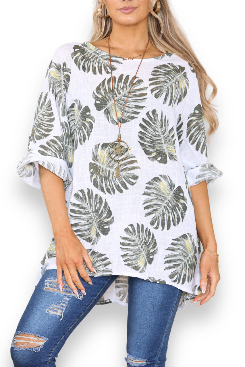 TOP MET PALMBLAADPRINT - WIT