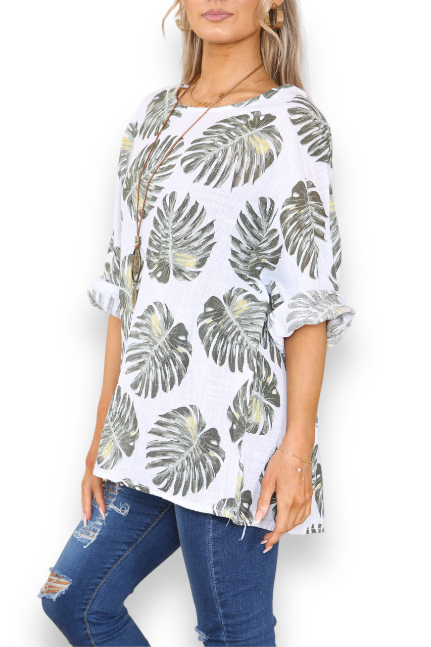 TOP MET PALMBLAADPRINT - WIT