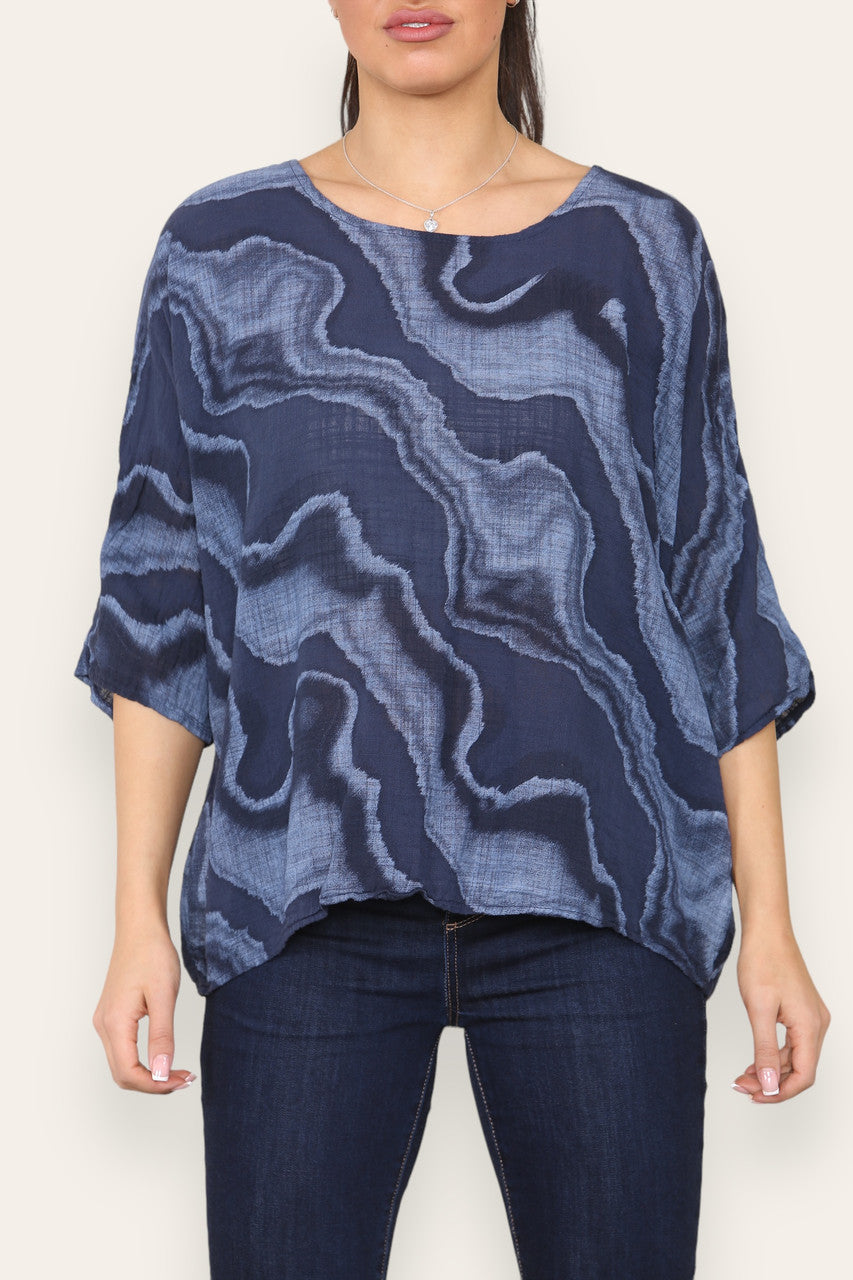MARBLE SWIRL PRINT TOP NAVY