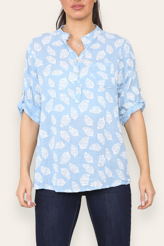 FEATHER PRINT GRANDAD SHIRT SKY BLUE