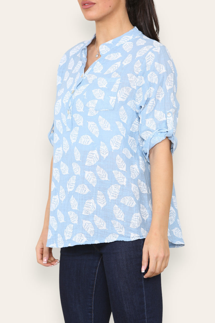 FEATHER PRINT GRANDAD SHIRT SKY BLUE