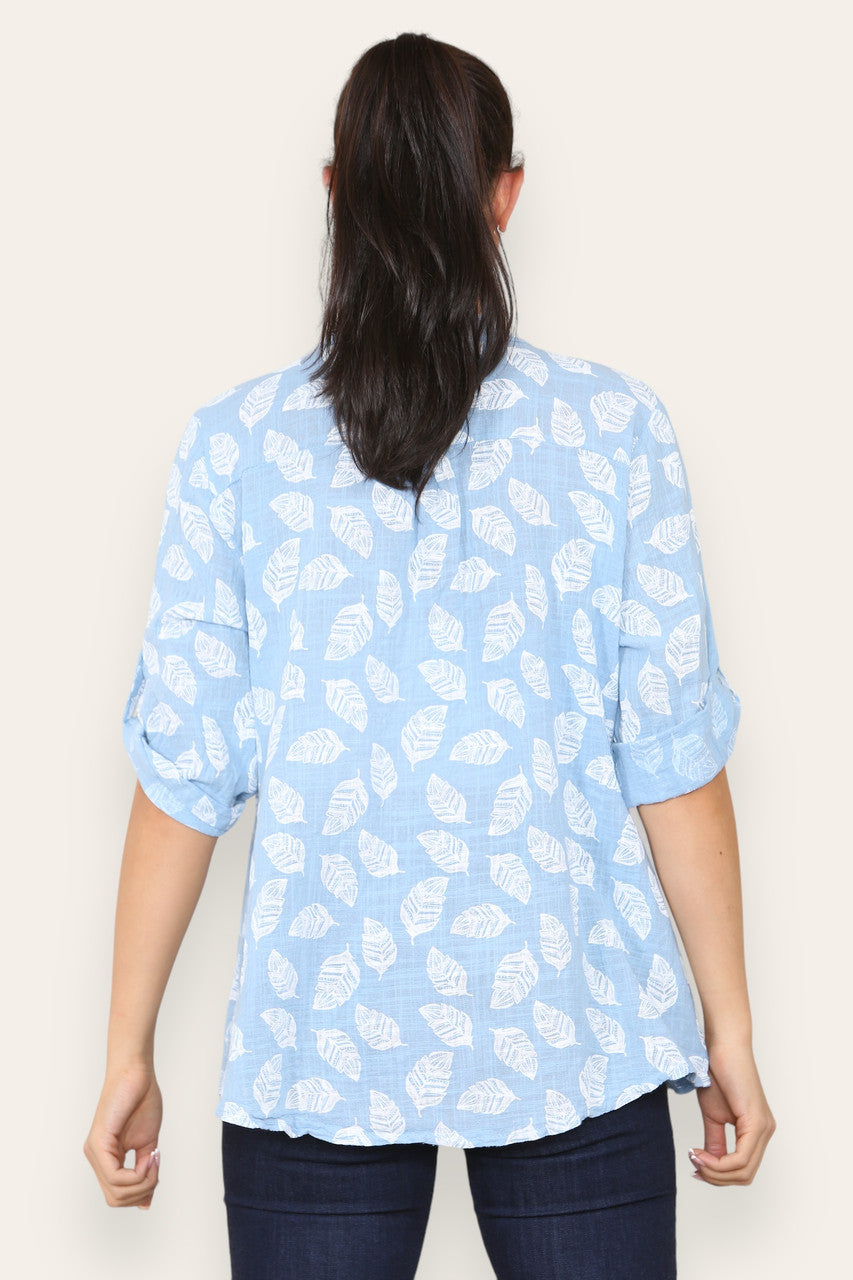 FEATHER PRINT GRANDAD SHIRT SKY BLUE