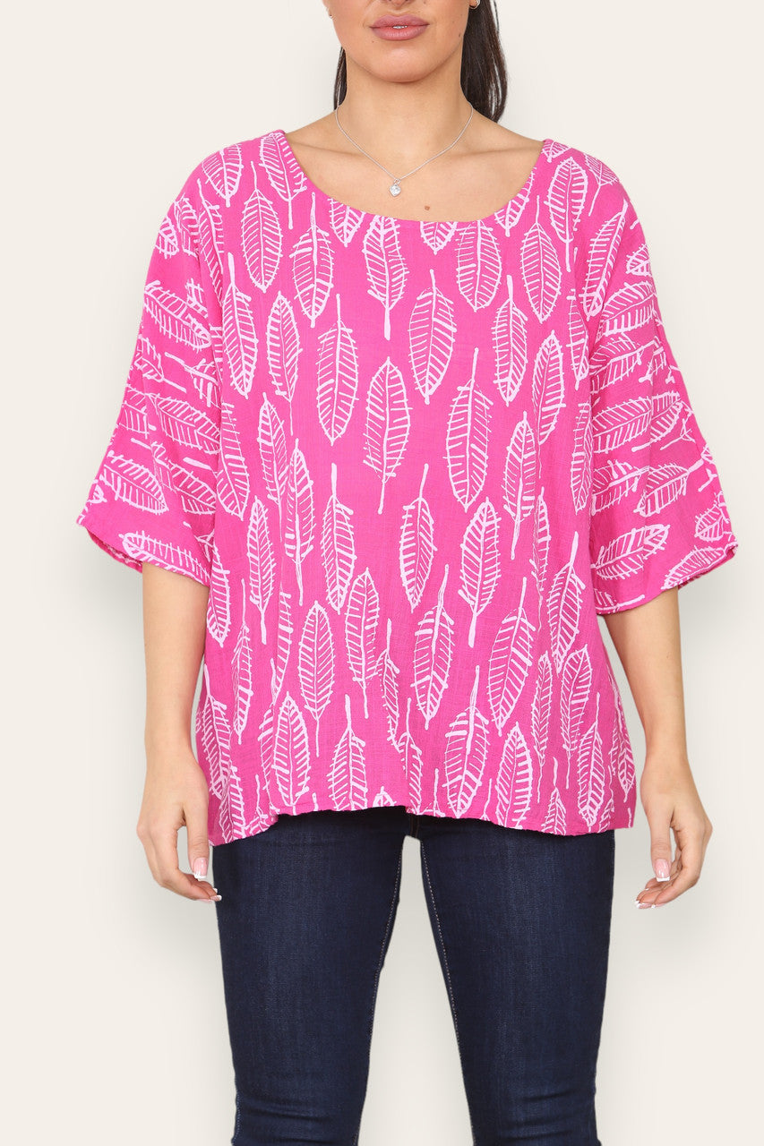 LEAF SKELETON PRINT TOP CERISE