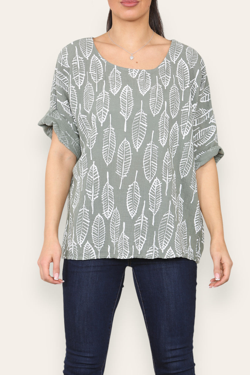 LEAF SKELETON PRINT TOP KHAKI