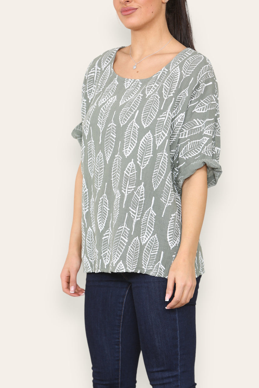 LEAF SKELETON PRINT TOP KHAKI