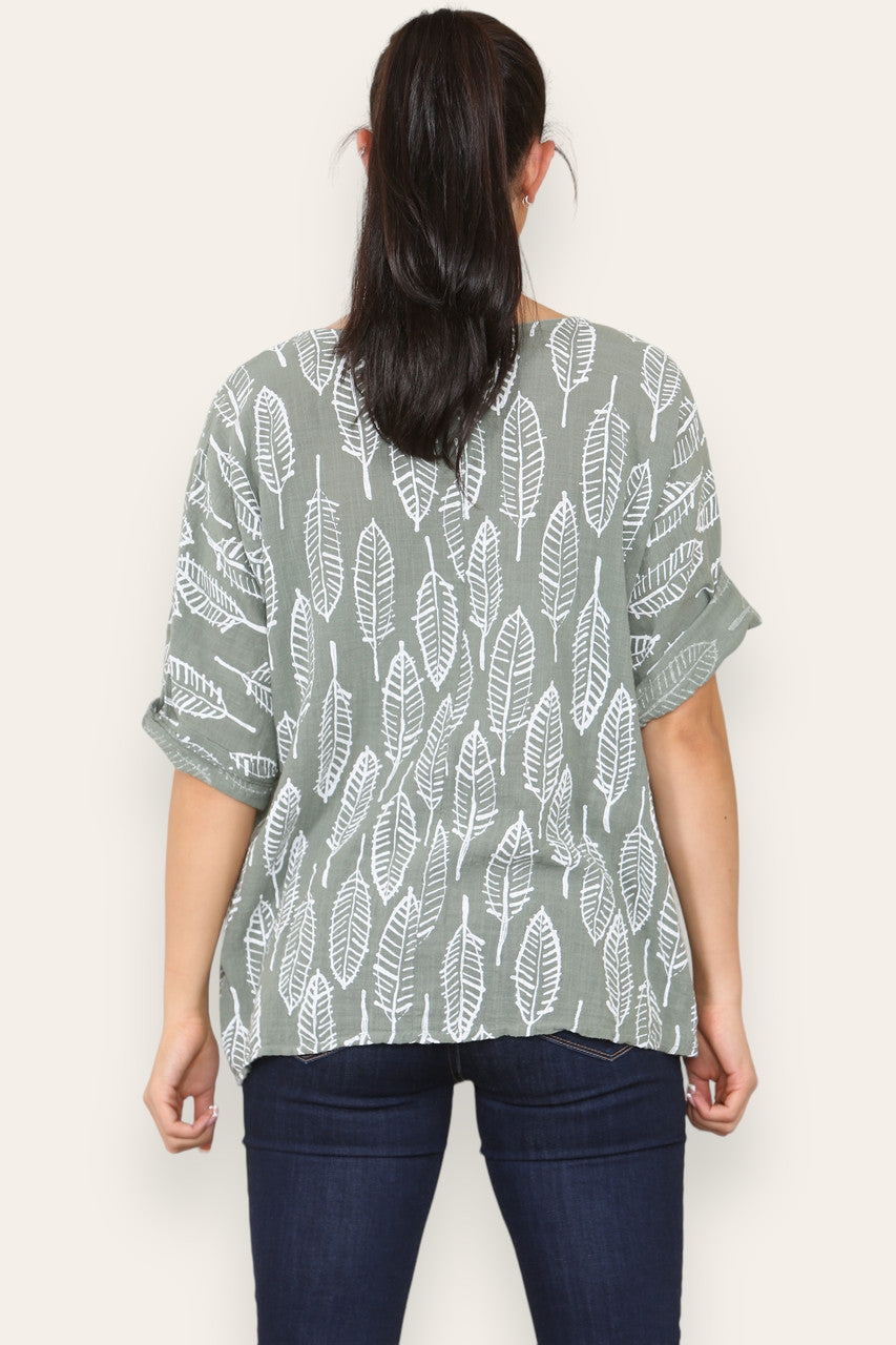 LEAF SKELETON PRINT TOP KHAKI