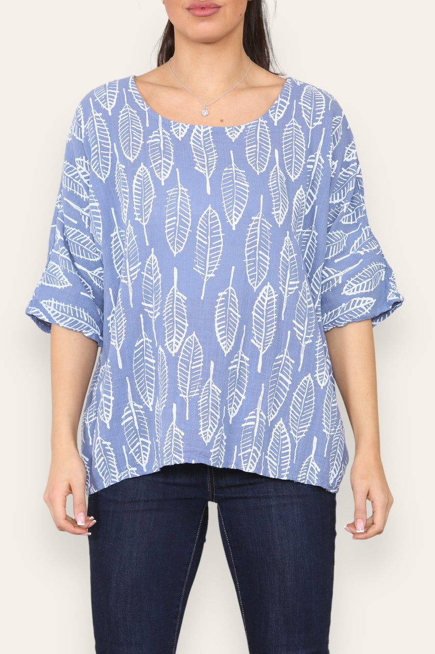 LEAF SKELETON PRINT TOP DENIM