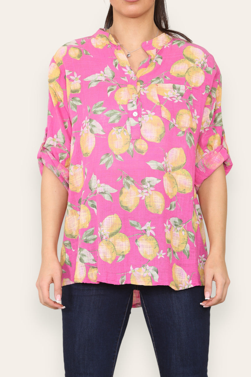 LEMONS PRINT GRANDAD SHIRT CERISE