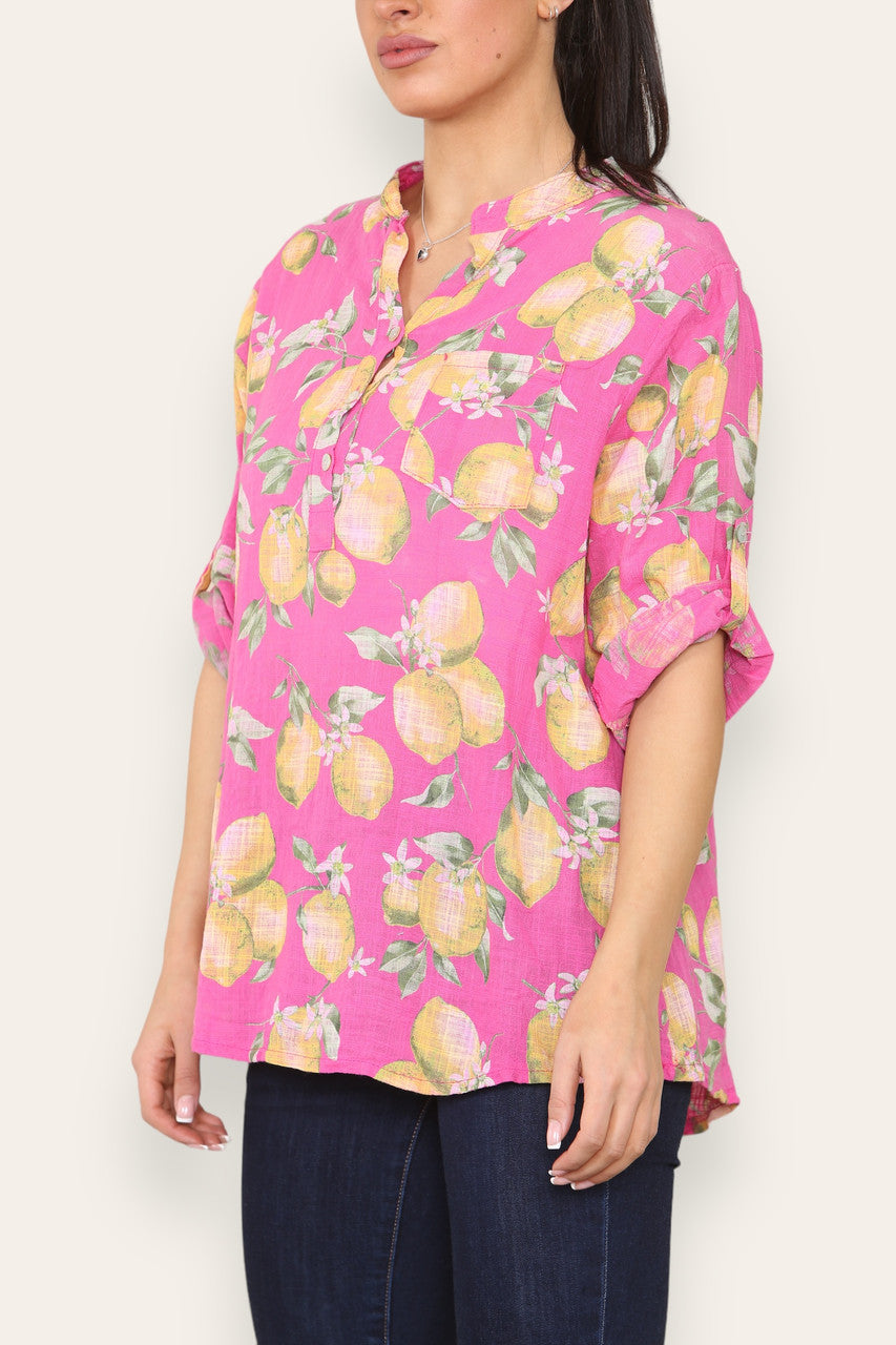 LEMONS PRINT GRANDAD SHIRT CERISE