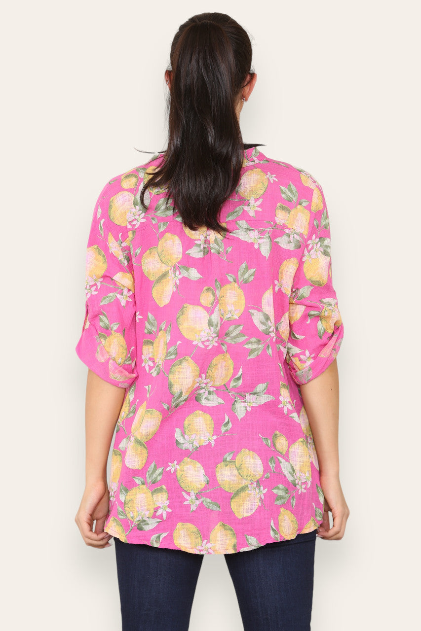 LEMONS PRINT GRANDAD SHIRT CERISE