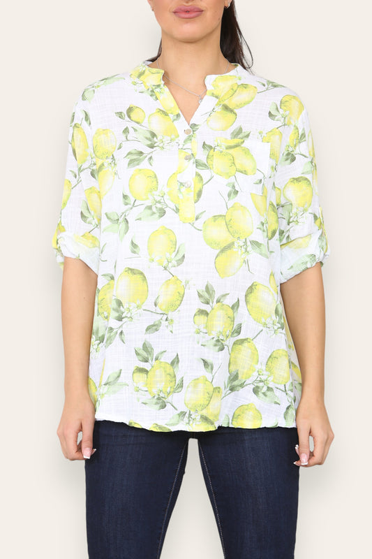 LEMONS PRINT GRANDAD SHIRT WHITE