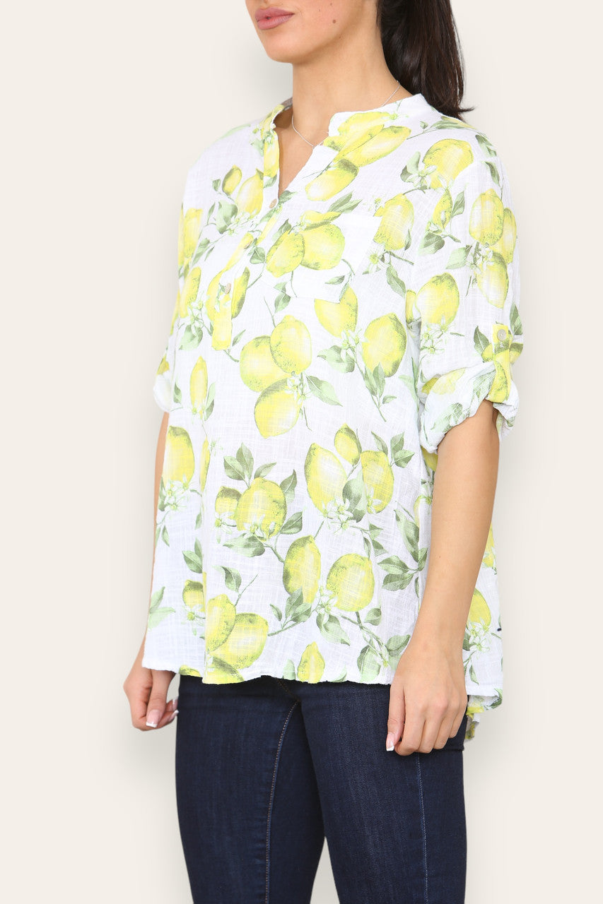 LEMONS PRINT GRANDAD SHIRT WHITE