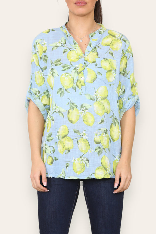 LEMONS PRINT GRANDAD SHIRT SKY BLUE