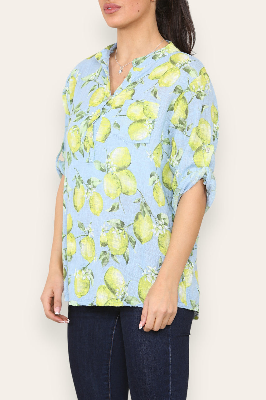 LEMONS PRINT GRANDAD SHIRT SKY BLUE