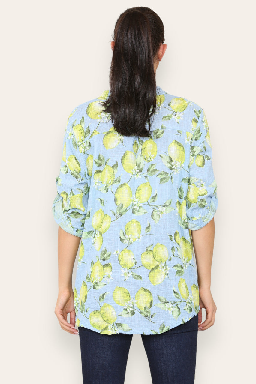 LEMONS PRINT GRANDAD SHIRT SKY BLUE