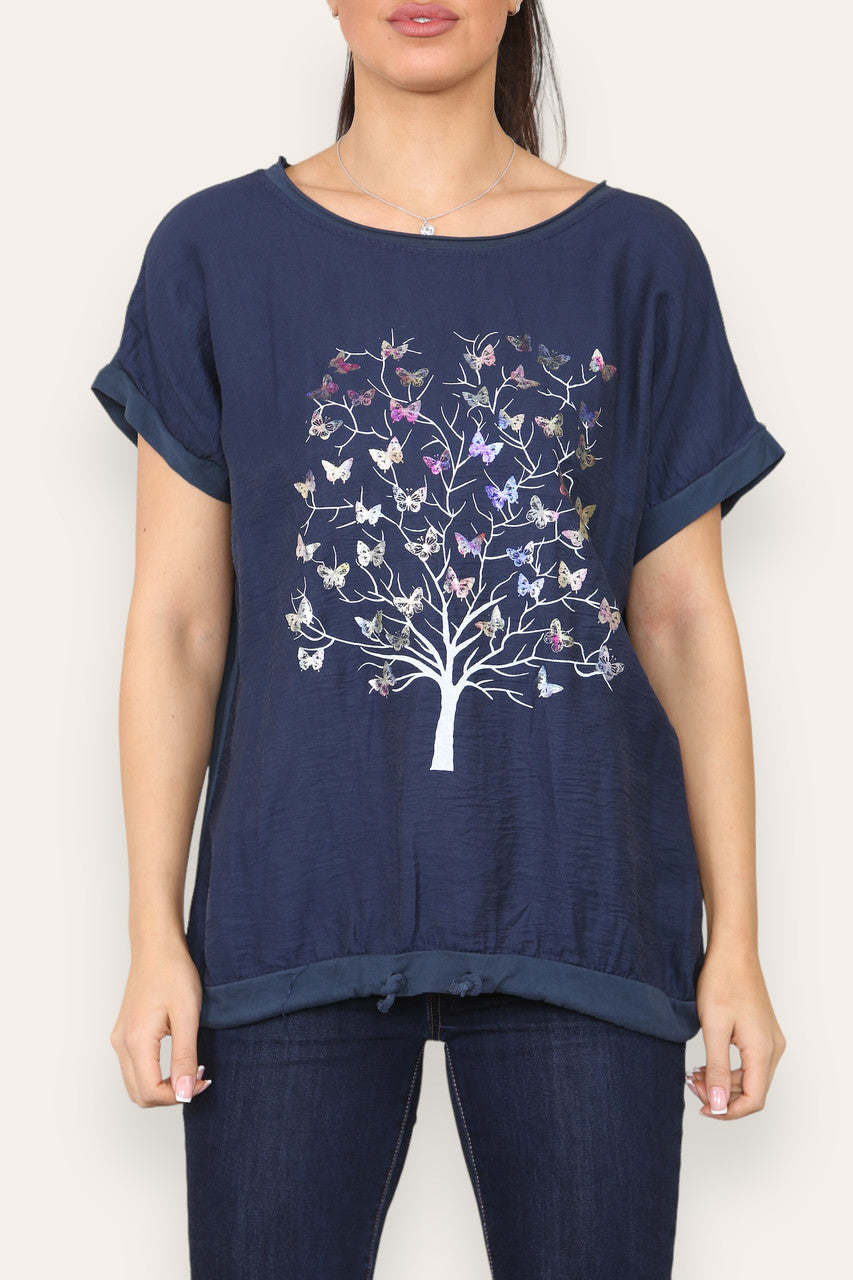 BUTTERFLY TREE FOIL GRAPHIC TOP NAVY