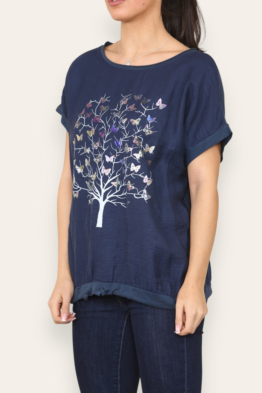 BUTTERFLY TREE FOIL GRAPHIC TOP NAVY