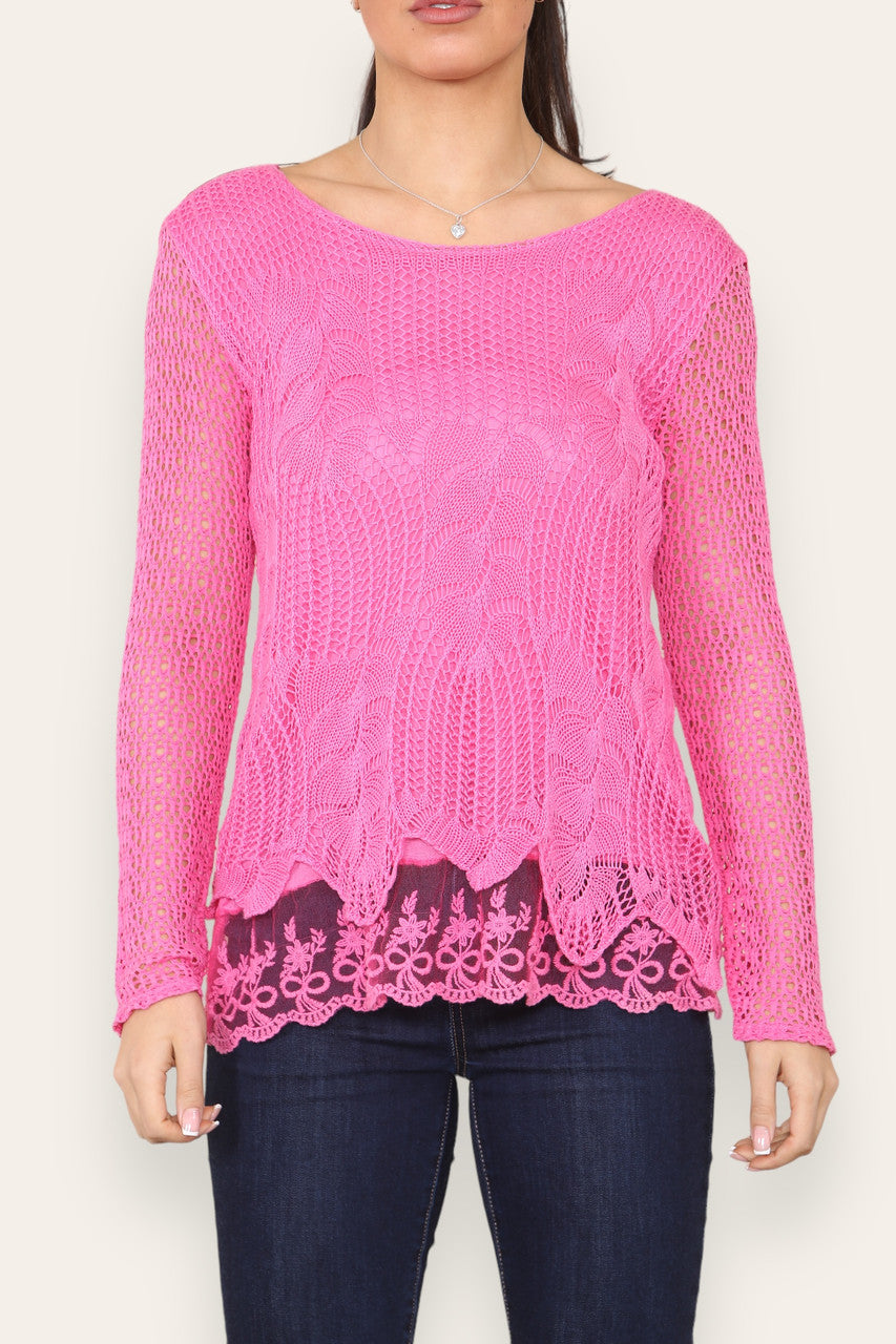 LAYERED LOOSE KNITTED NET LACE LONG SLEEVED TOP CERISE