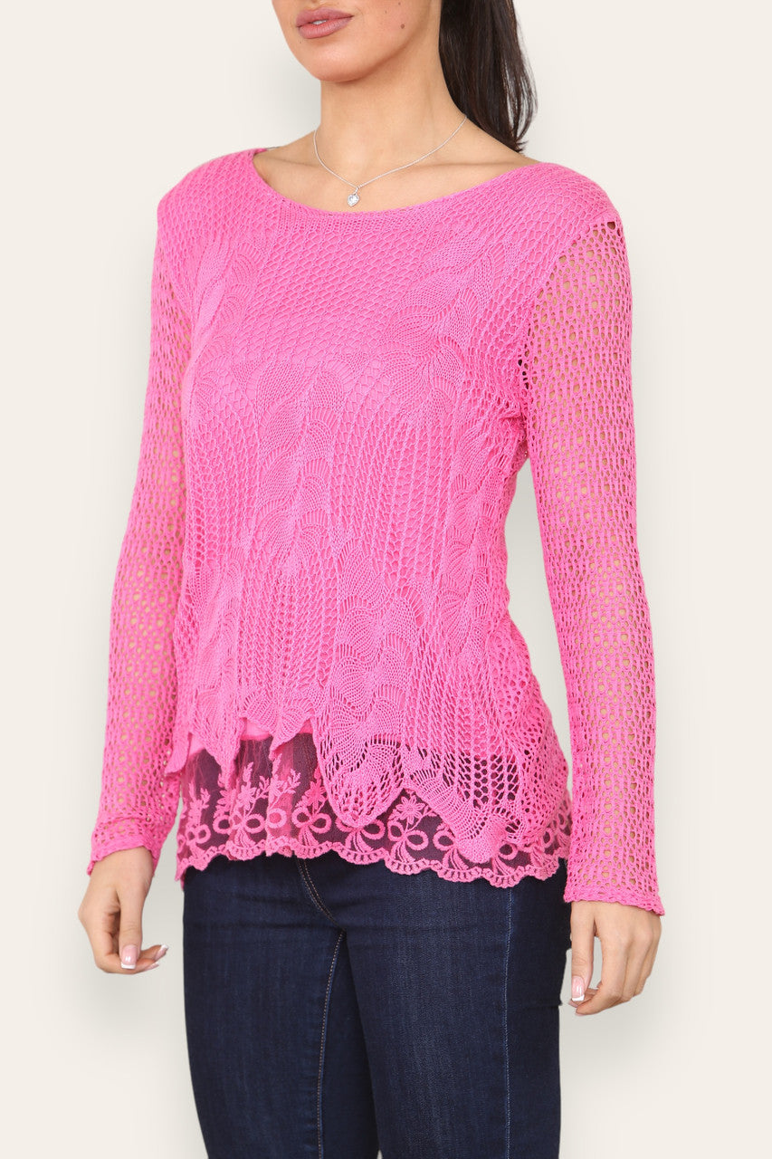 LAYERED LOOSE KNITTED NET LACE LONG SLEEVED TOP CERISE