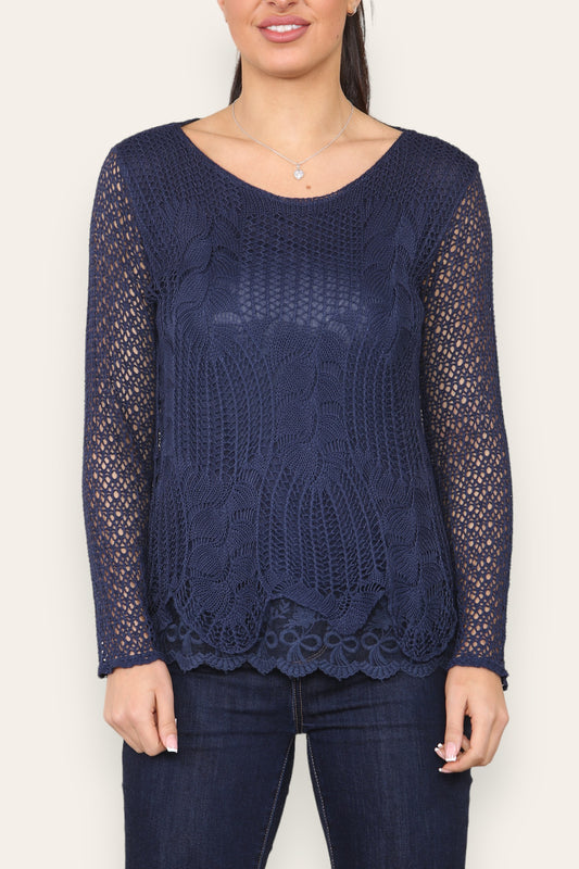 LAYERED LOOSE KNITTED NET LACE LONG SLEEVED TOP NAVY