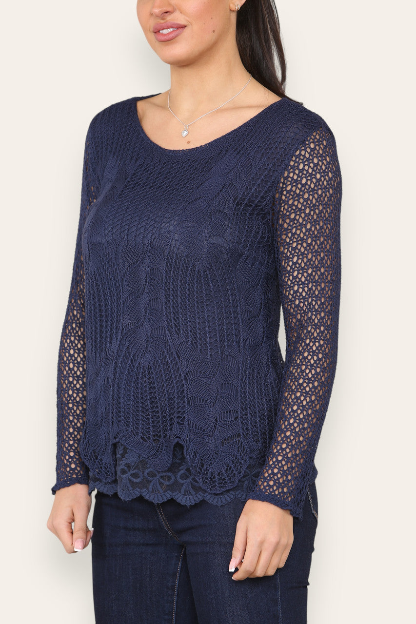 LAYERED LOOSE KNITTED NET LACE LONG SLEEVED TOP NAVY