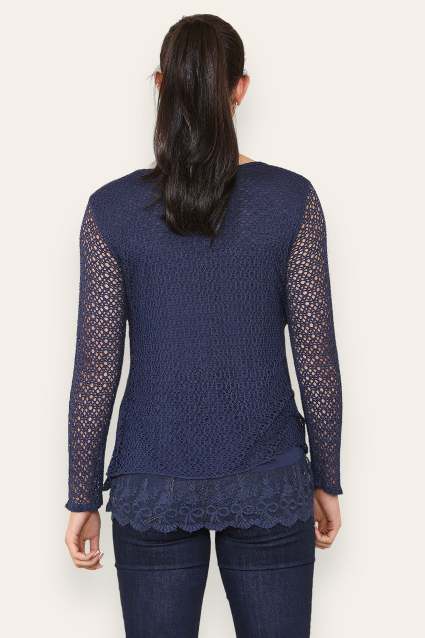 LAYERED LOOSE KNITTED NET LACE LONG SLEEVED TOP NAVY