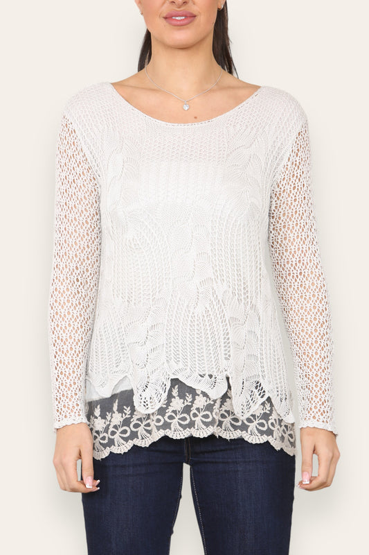 LAYERED LOOSE KNITTED NET LACE LONG SLEEVED TOP STONE