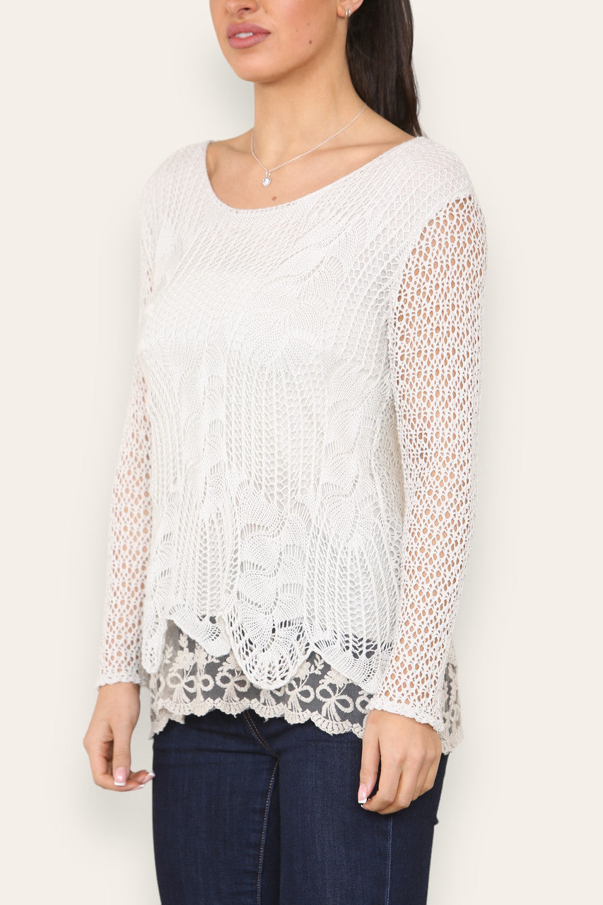 LAYERED LOOSE KNITTED NET LACE LONG SLEEVED TOP STONE