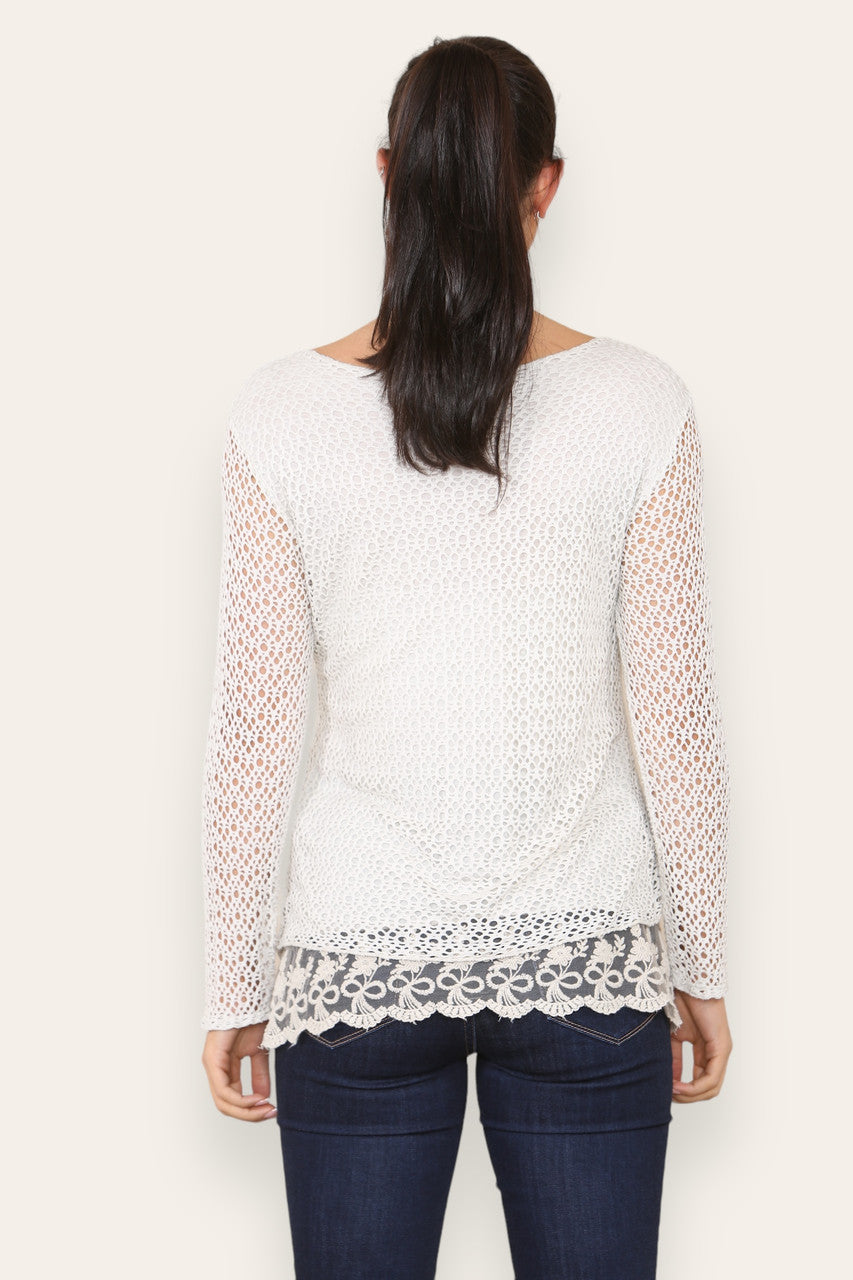 LAYERED LOOSE KNITTED NET LACE LONG SLEEVED TOP STONE