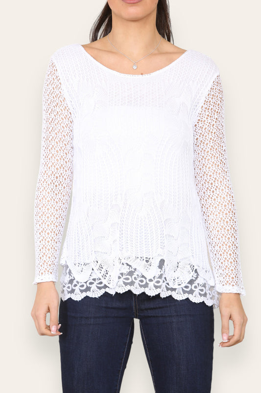 LAYERED LOOSE KNITTED NET LACE LONG SLEEVED TOP WHITE