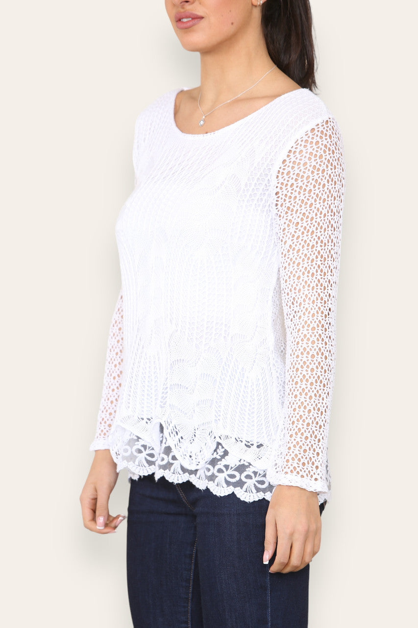 LAYERED LOOSE KNITTED NET LACE LONG SLEEVED TOP WHITE