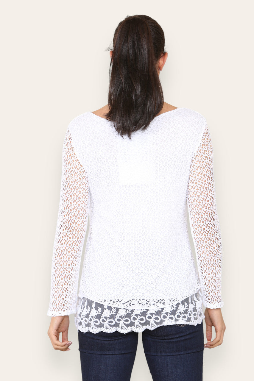 LAYERED LOOSE KNITTED NET LACE LONG SLEEVED TOP WHITE