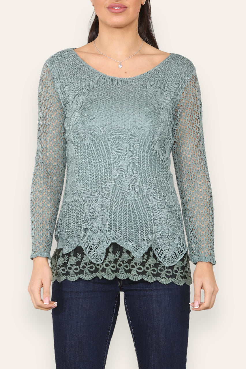 LAYERED LOOSE KNITTED NET LACE LONG SLEEVED TOP KHAKI