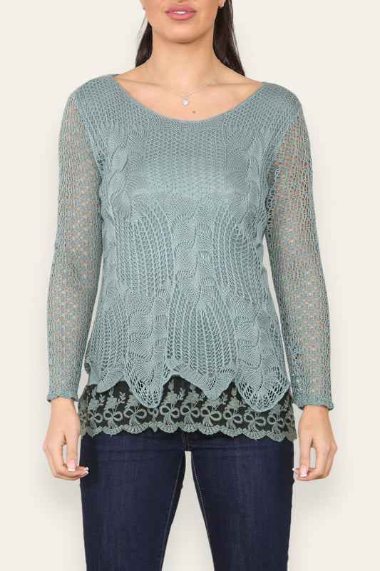 LAYERED LOOSE KNITTED NET LACE LONG SLEEVED TOP KHAKI