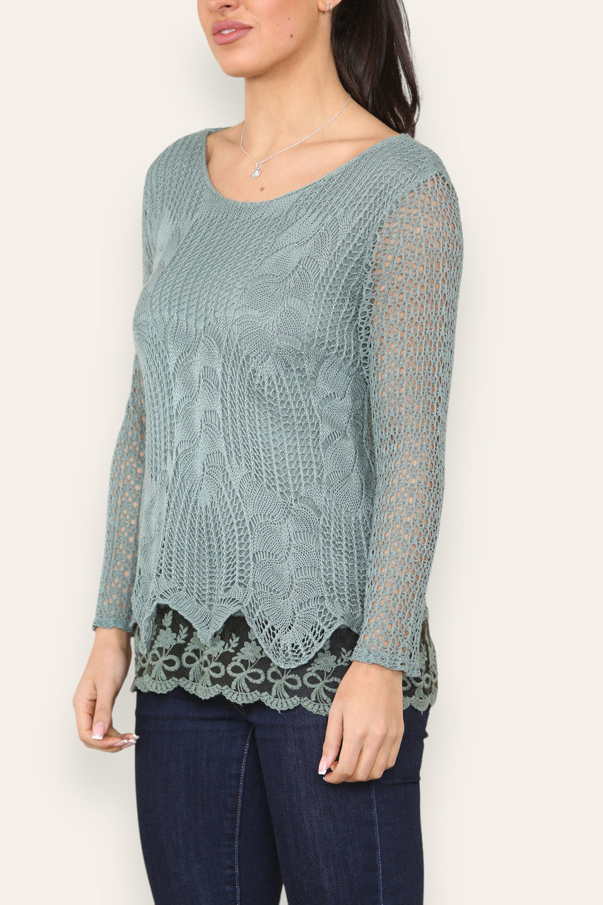 LAYERED LOOSE KNITTED NET LACE LONG SLEEVED TOP KHAKI