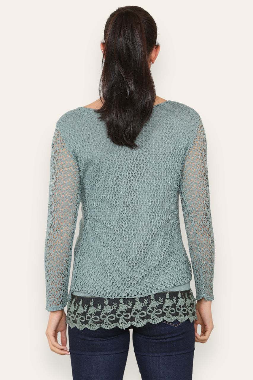 LAYERED LOOSE KNITTED NET LACE LONG SLEEVED TOP KHAKI