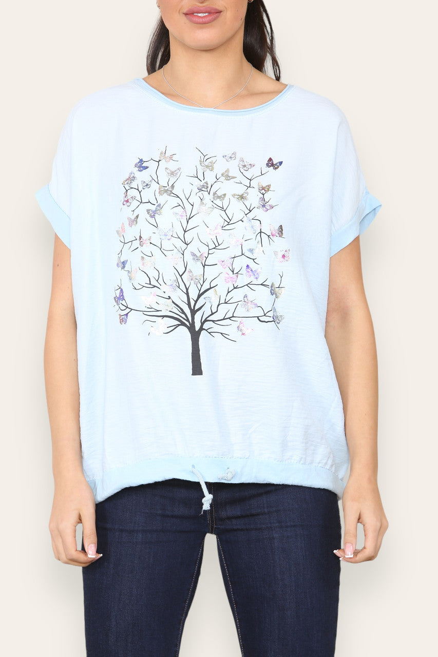 BUTTERFLY TREE FOIL GRAPHIC TOP SKY BLUE