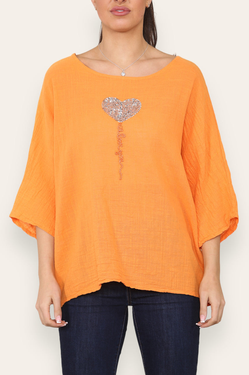 BALLOON HEART SEQUIN TOP ORANGE