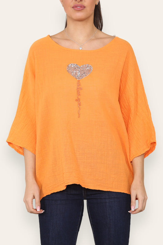 BALLOON HEART SEQUIN TOP ORANGE