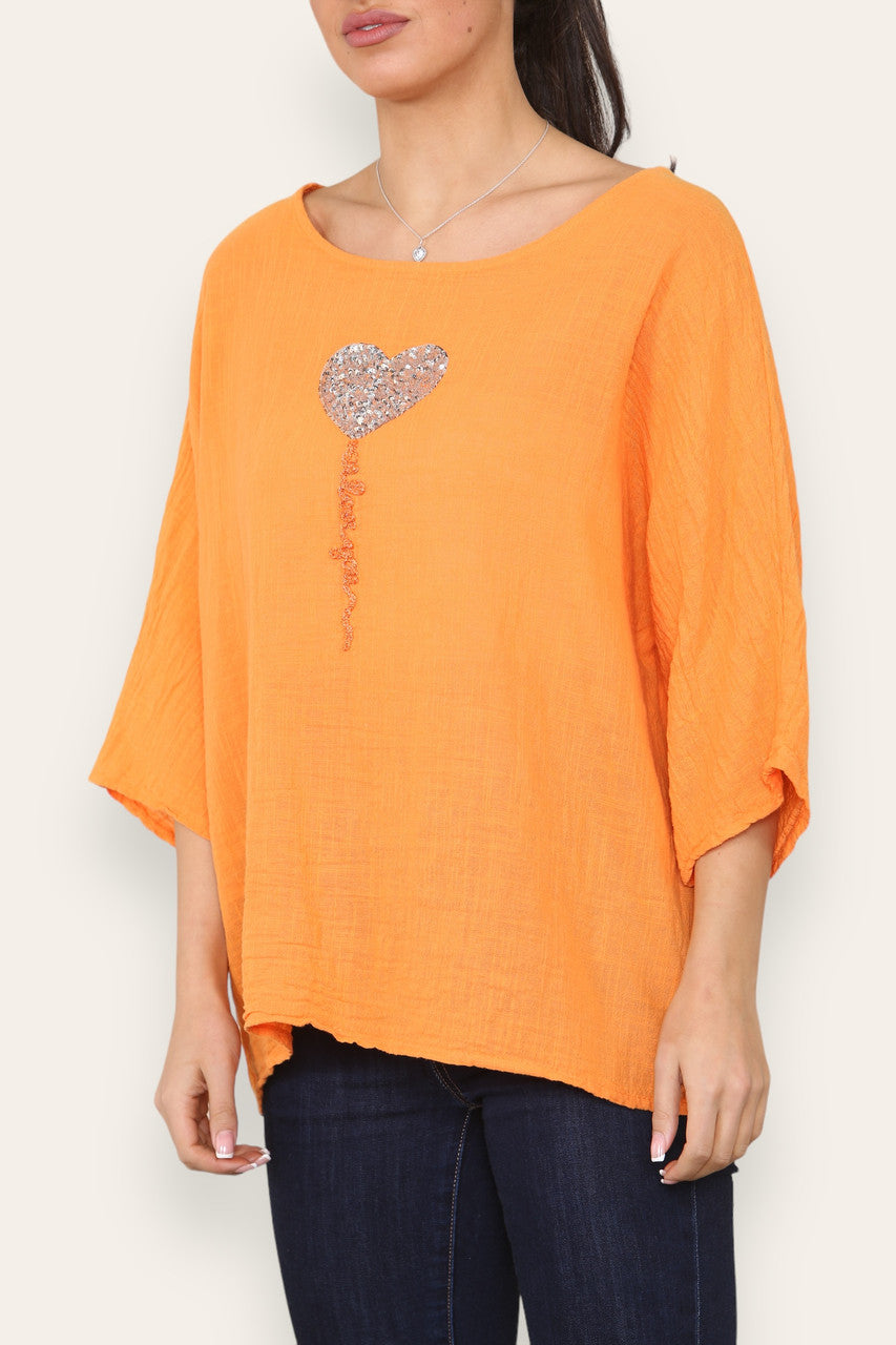 BALLOON HEART SEQUIN TOP ORANGE