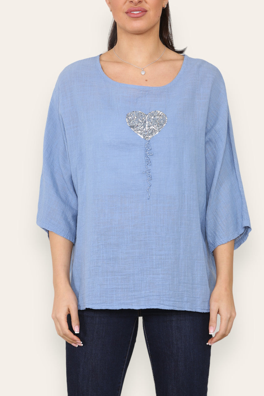 BALLOON HEART SEQUIN TOP DENIM