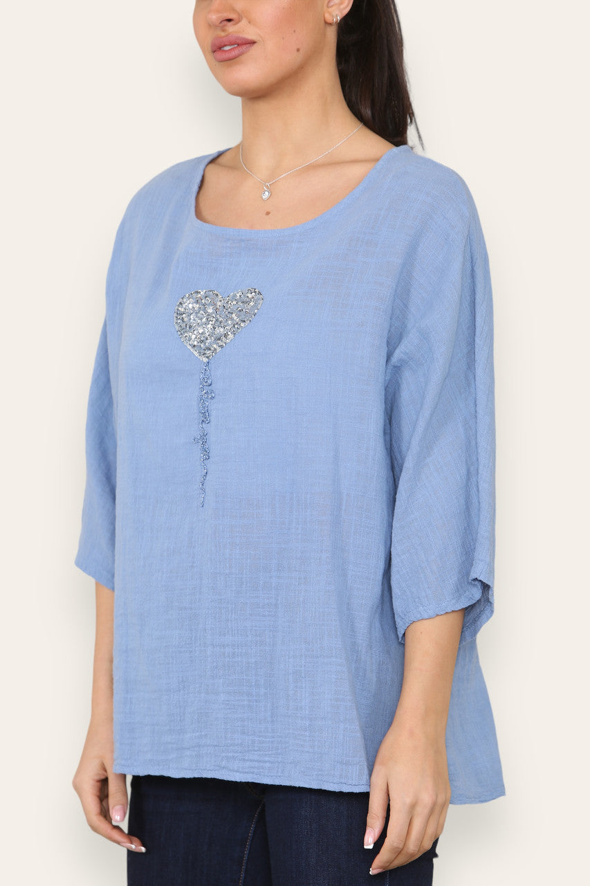 BALLOON HEART SEQUIN TOP DENIM
