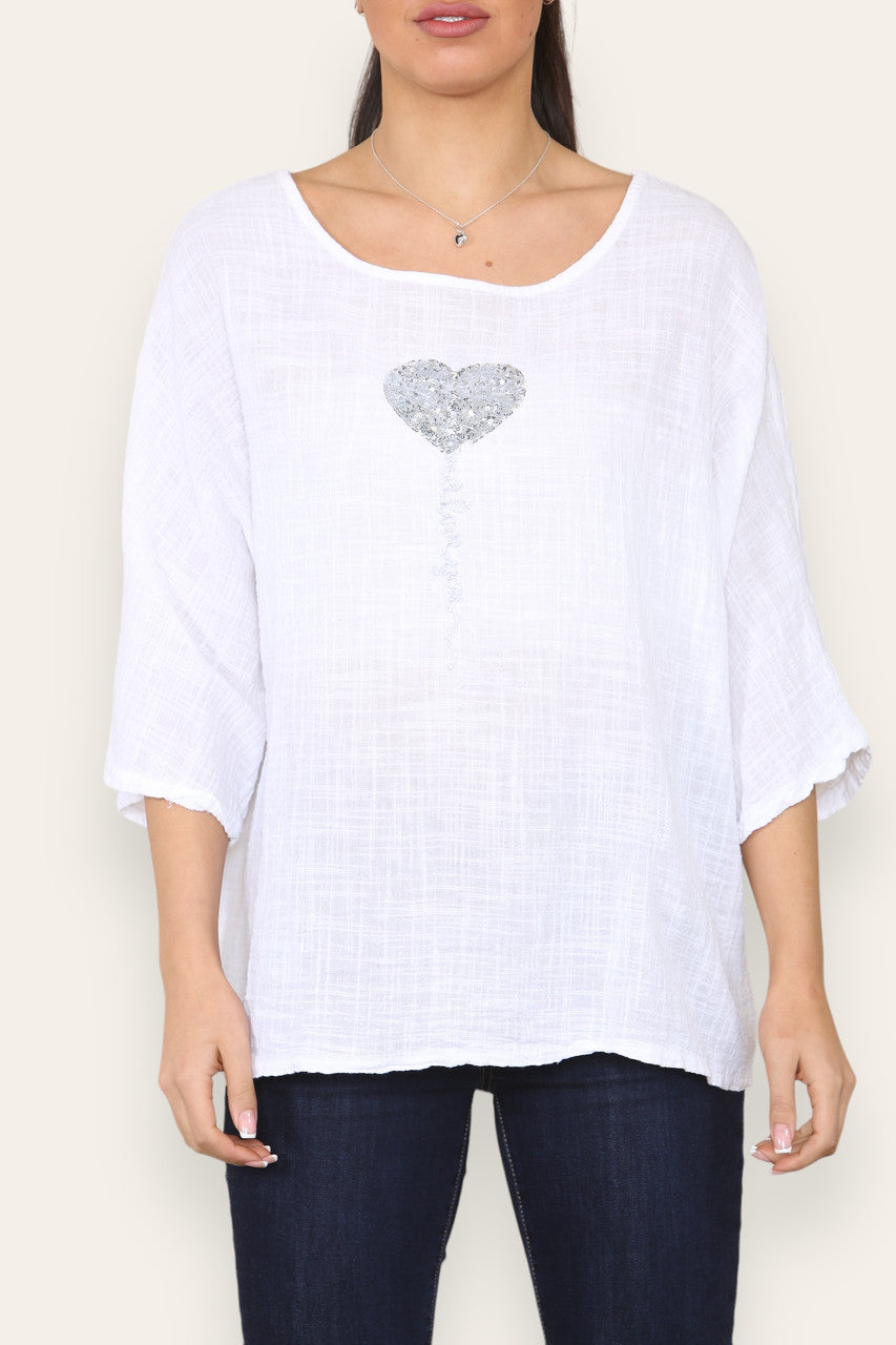 BALLOON HEART SEQUIN TOP WHITE