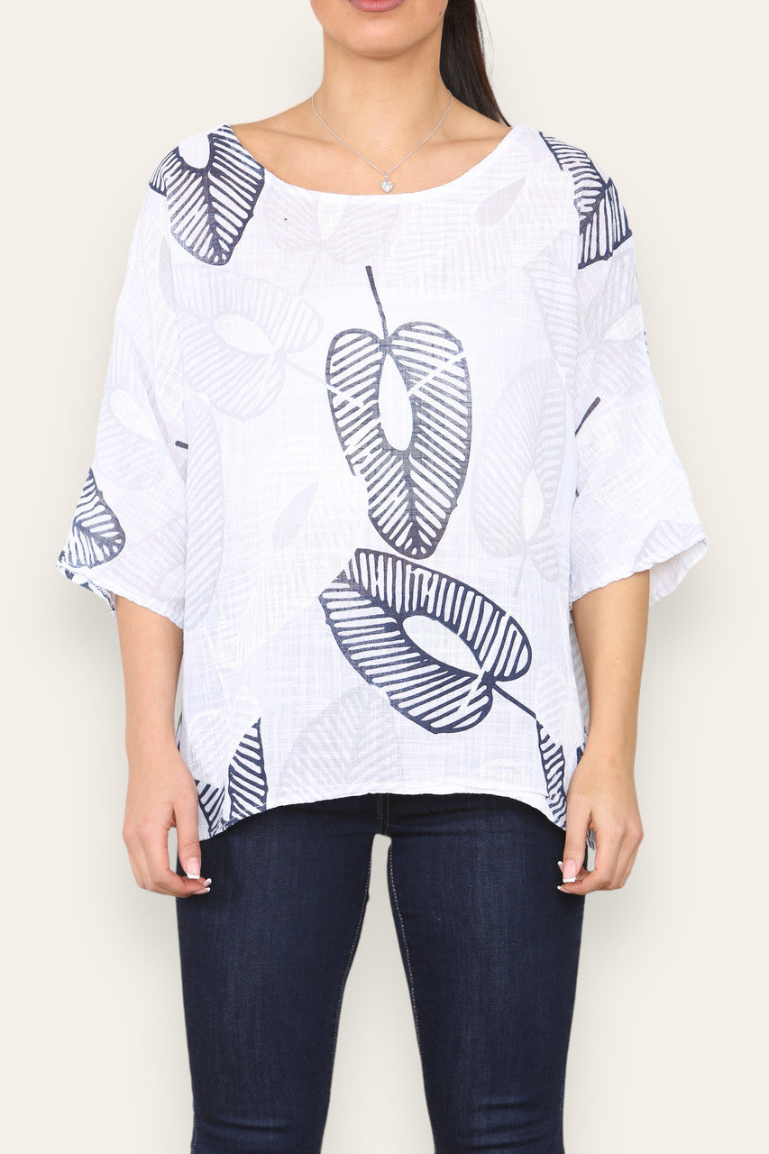 ABSTRACTE TOP MET BLADERENPRINT WIT