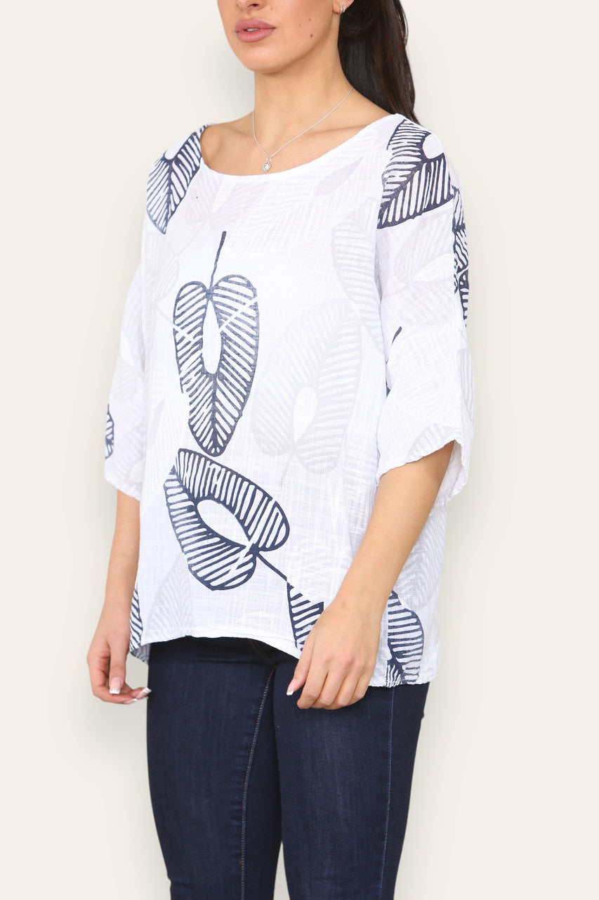 ABSTRACTE TOP MET BLADERENPRINT WIT