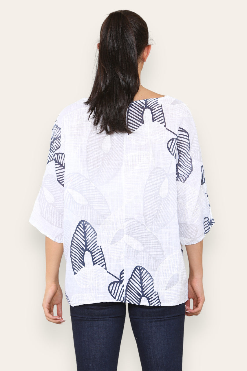 ABSTRACTE TOP MET BLADERENPRINT WIT