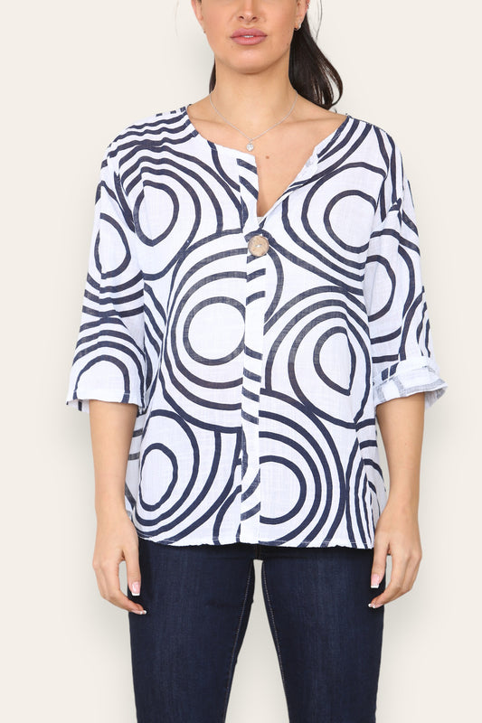 CIRCLE SWIRL PRINT GRANDAD COLLAR BUTTON FRONT TOP WHITE