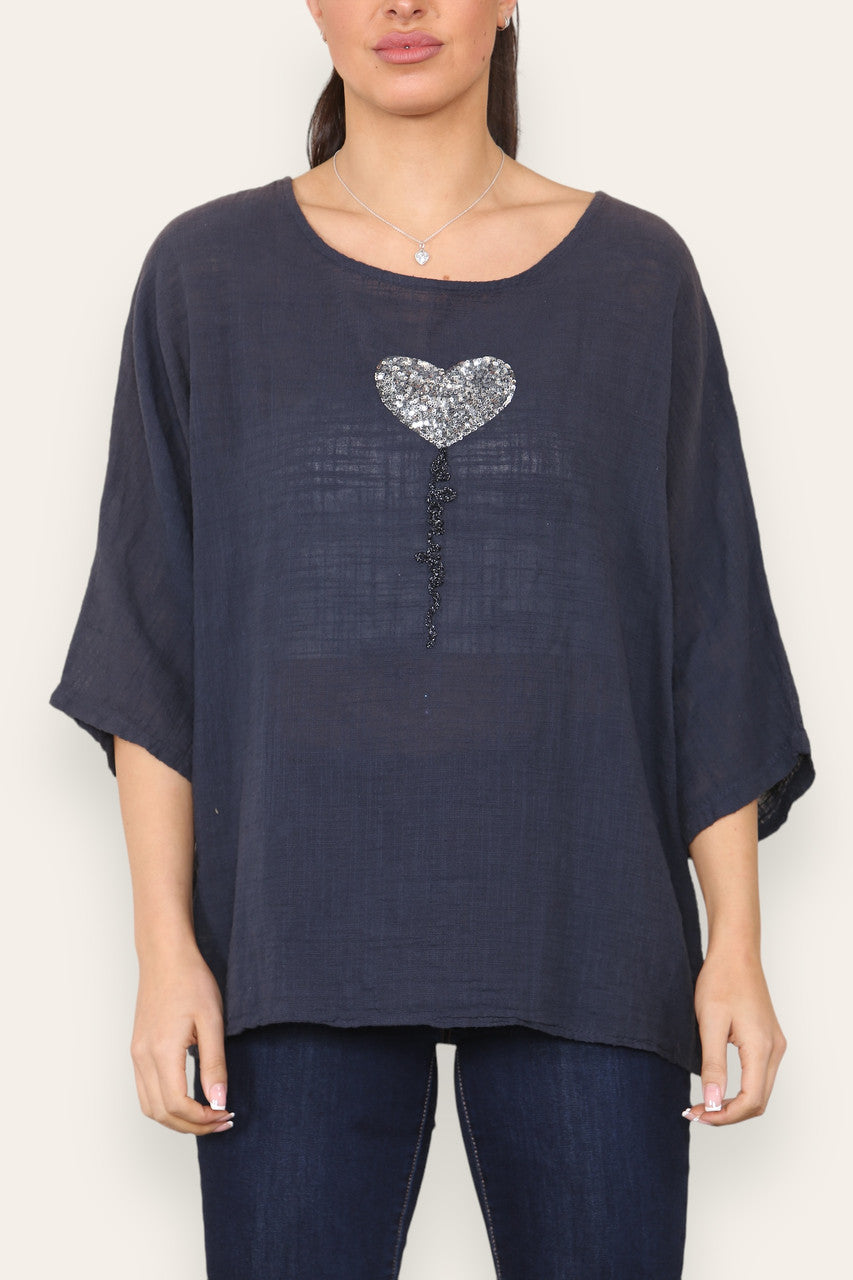 BALLOON HEART SEQUIN TOP NAVY