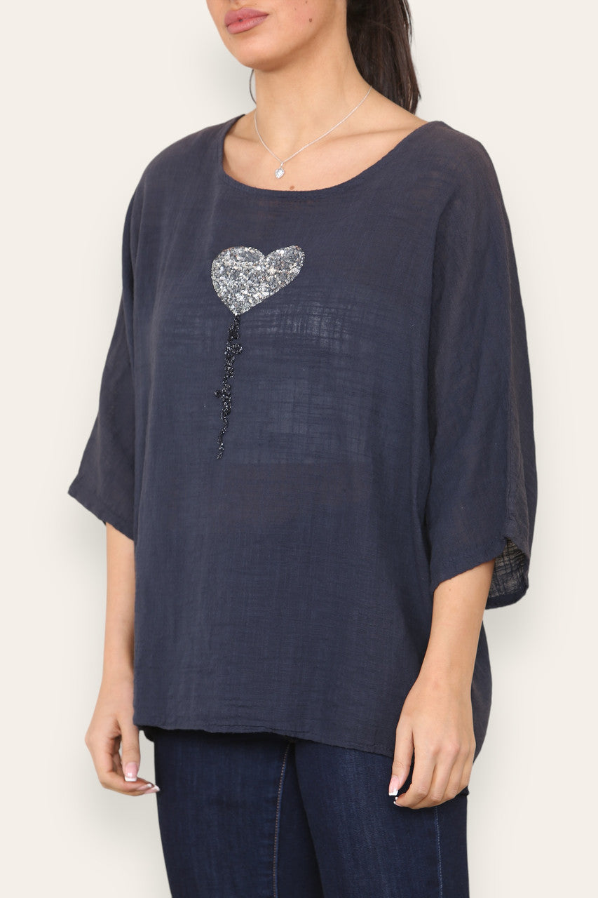 BALLOON HEART SEQUIN TOP NAVY